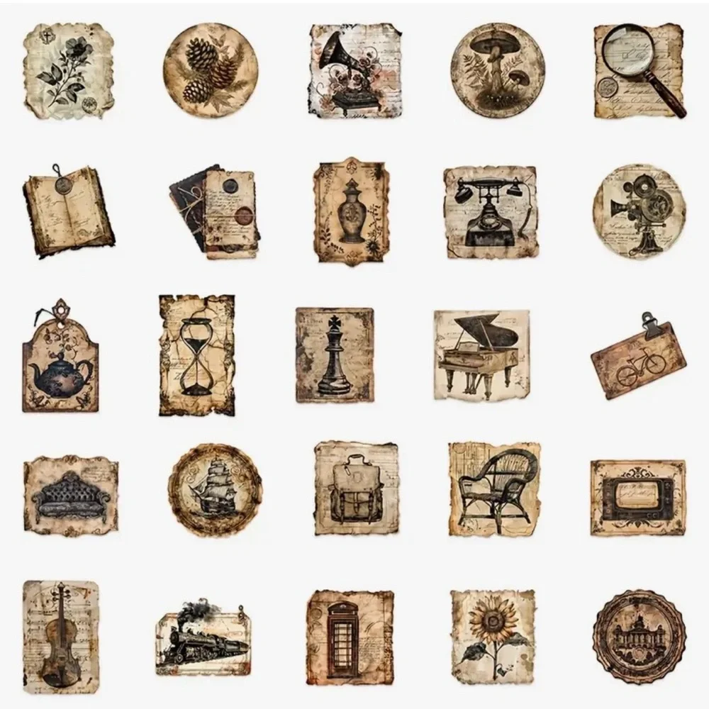 50 Old World Vintage Stickers Sepia Shades Insects Nature Cars Instruments - Picture 3 of 8